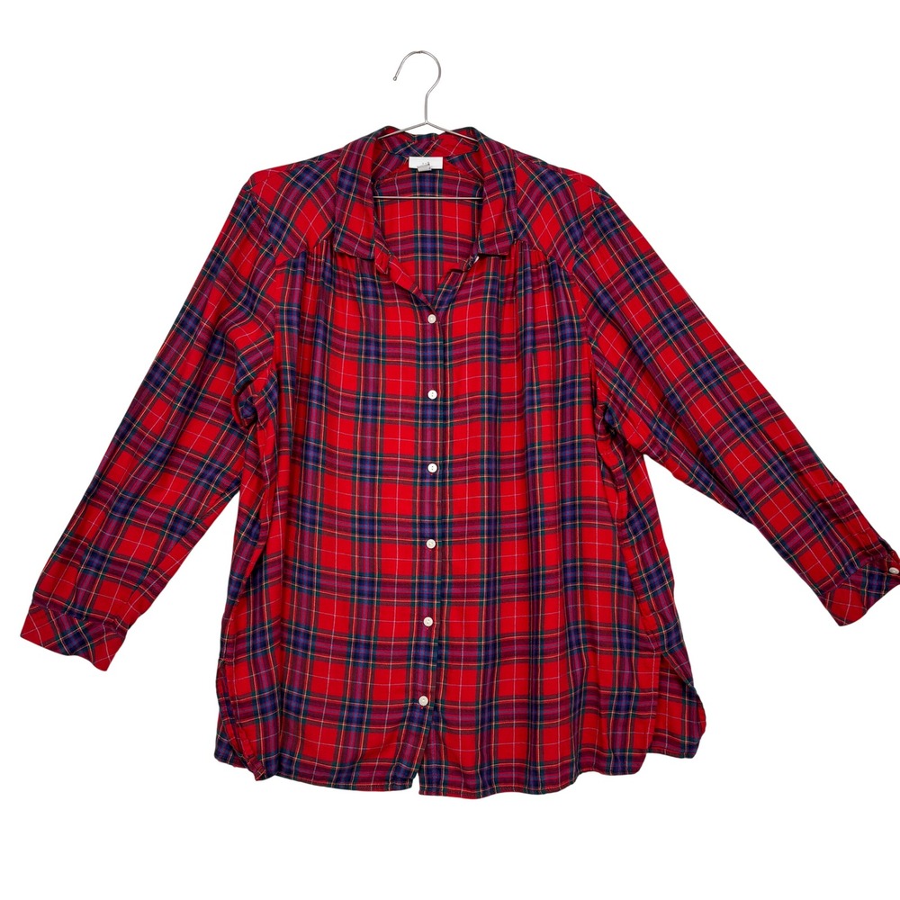 J. Jill Women Button Down Tunic 3X Red Plaid Cotton Modal Long Sleeve Shirt